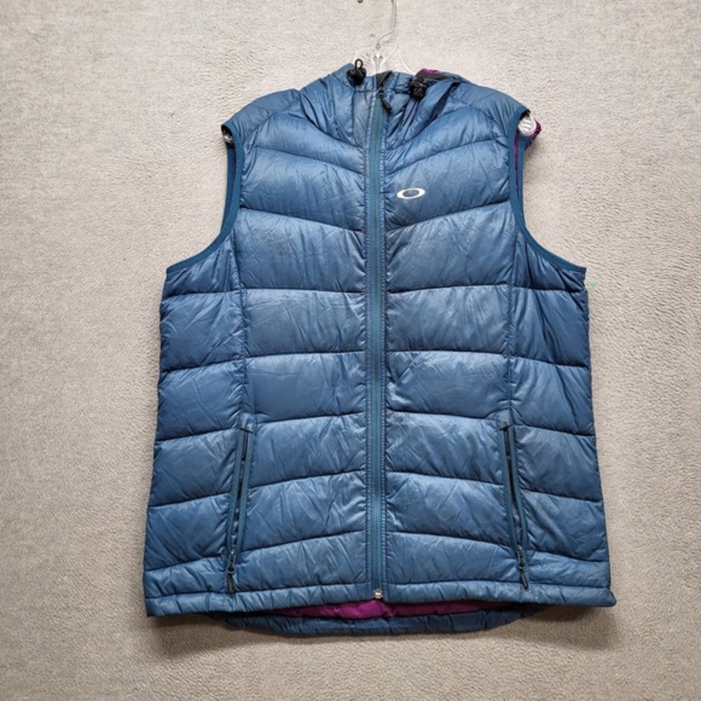 Oakley Women Vest XL Blue Puffer Hooded Logo Down Feather Goose